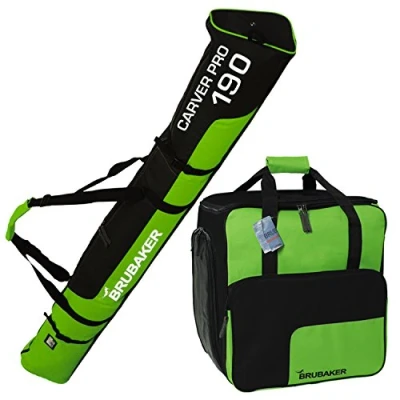 Afbeelding van BRUBAKER Combi Set Skitas en Skischoen Tas voor 1 paar ski&#039;s tot 190 cm + stokken schoenen helm groen zwart