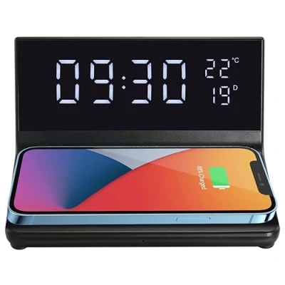 Afbeelding van APM digitale ochtendwekker met led display, draadloos snellaadstation, klok thermometer functie, kalender, snooze, USB oplaadpoort, instelbare helderheid, 12/24 uur, 425030