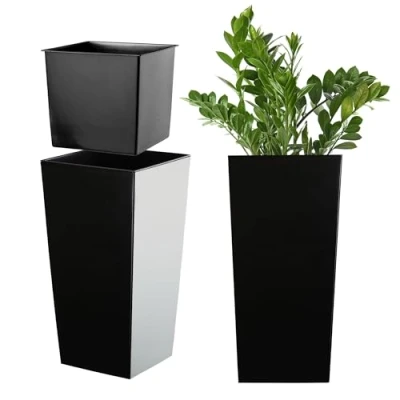 Afbeelding van KADAX Bloempot, bloembak van kunststof, plantenbak voor bloemen, binnen en buiten, tuin, balkon, terras, huis, weerbestendig, imitatie rotan (36 cm hoog, matzwart)
