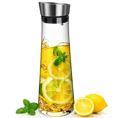 Afbeelding van Csuntikulo Glazen waterkaraf van 1 liter met roestvrijstalen deksel, waterkan duurzaam borosilicaatglas voor water, melk, sap en limonade