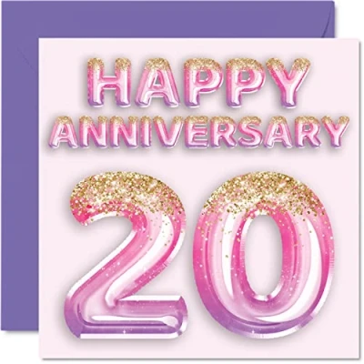 Afbeelding van Mooie China Anniversary Card voor Vrouw Vriendin Man Vriendje Roze Paars Glitter Ballonnen Gelukkige 20e Verjaardag Kaarten van Familie, 145mm x Wenskaarten twintigste Verjaardagen