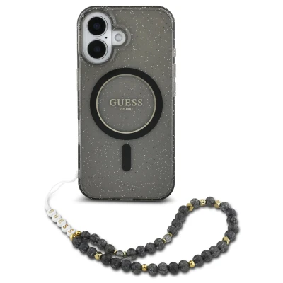 Afbeelding van Guess iPhone 16 Backcover hoesje Magsafe glitter Met koord Zwart