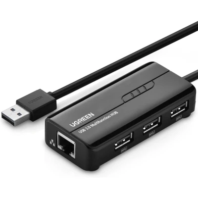 Afbeelding van UGREEN USB 2.0 hub RJ45 Ethernet Adapter 3 + 1 poorten Zwart