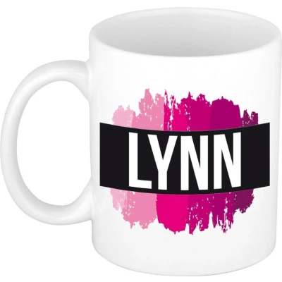 Afbeelding van Lynn Naam / voornaam kado beker mok roze verfstrepen Gepersonaliseerde met mokken