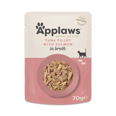 Afbeelding van Applaws 100% natuurlijk natvoer voor katten, tonijnfilet met zalm in bouillon verpakking 12 x 70 g zakjes