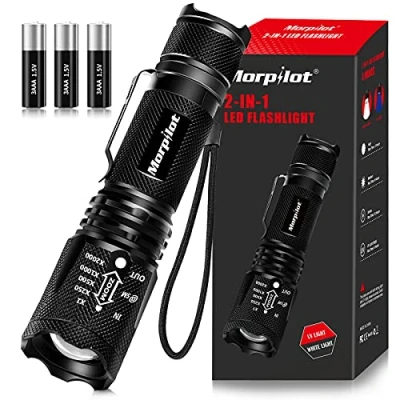 Afbeelding van morpilot Led zaklamp, 2 in 1 uv lamp, zoombaar, met 4 modi, blacklight, superhelder, 500 lumen, IP4 waterdicht, voor outdoor, wandelen, kamperen, kinderen, vissen en als cadeau