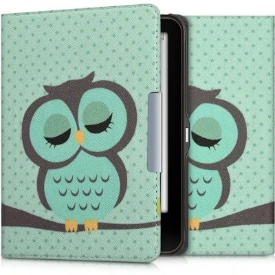 Afbeelding van kwmobile e reader hoesje compatibel met Tolino Vision 1/2 / 3/4 HD Magneetsluiting Ereader case Slapende Uil in turquoise/bruin/mintgroen