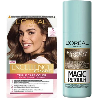 Afbeelding van L&#039;Oréal Excellence Creme 5 Lichtbruin + Magic Retouch Uitgroeispray Middenbruin 75 ml Pakket