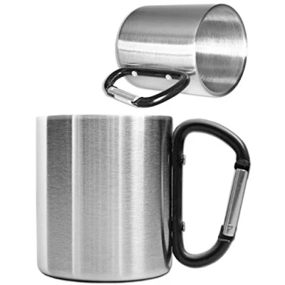 Afbeelding van outdoor Saxx® Camping beker, mok, metalen met geschroefde karabijnhaak, roestvrij staal, wandelen, trekking, werk, 250 ml, zilver (zwart)