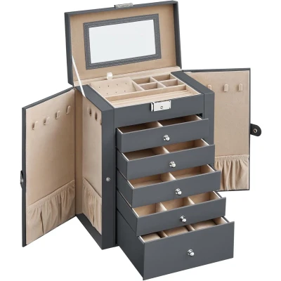 Afbeelding van Sieradendoos, Juwelendoos, Kerstmis, grote juwelendoos met 6 niveaus, scharnierende zijdeuren, laden, spiegel en slot, voor ringen, oorbellen, horloges, grijs JBC152G01