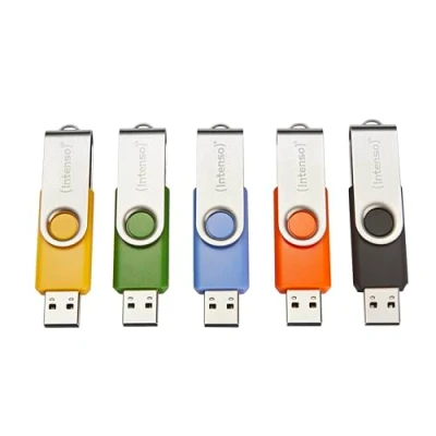 Afbeelding van Intenso Basic Line USB sticks, 5 stuks, 32 GB, 2.0, met praktische etiketten, geel, groen, zwart, blauw + oranje, zilveren metalen beugel
