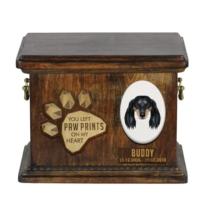 Afbeelding van Art Dog Aangepaste geometrische hondenherdenkingsurn Handgemaakte houten urn Op maat gemaakte hondencrematiedoos voor as 8,3x11,4x8,7 Teckel langharig