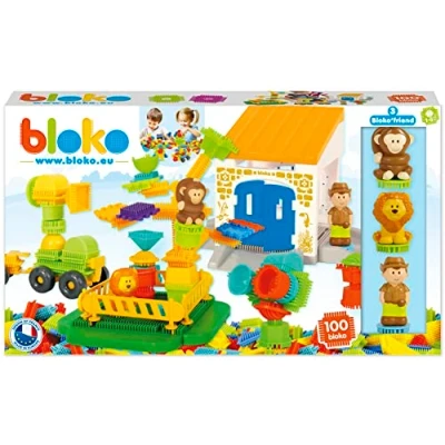 Afbeelding van BLOKO Set van 100 met 3 3D jungle figuren vanaf 12 maanden gemaakt in Europa bouwspeelgoed 1e leeftijd 503626