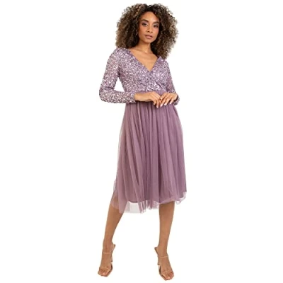 Afbeelding van Maya Deluxe Midi elegante cocktailjurk voor dames, met diepe V hals, pailletten, cocktailjurk, eindexamenfeest, bruidsmeisjesjurk, Moody Lilac, 56 NL