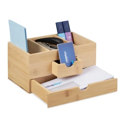 Afbeelding van Relaxdays bureau organizer bamboe met 2 lades 3 vakken make up compact