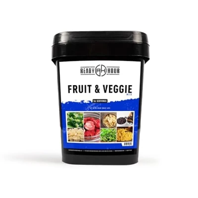 Afbeelding van Ready Hour, Fruit &amp; Veggie Mix, echt niet bederfelijk gevriesdroogd voedsel, 30 jaar houdbaarheid, draagbare nood en avontuurlijke voedselvoorziening, duurzame overstromingsveilige container, 56