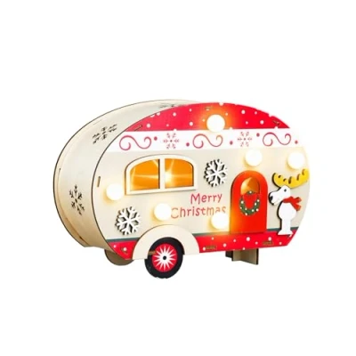 Afbeelding van Spetebo Led decoratie, houten caravan met verlichting, 21 x 14 cm, kerstcaravan 10 warmwitte leds, voor advent, winter, Kerstmis, tafeldecoratie, standaard, kerstdorp accessoires