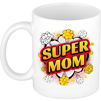 Afbeelding van Super mom retro cadeau mok / beker wit kado voor mama moederdag popart feest mokken