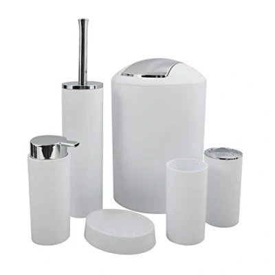 Afbeelding van MSV Badkamerset Hannah, 6 delige badkameraccessoires, zeepdispenser, wc borstel, zeepbakje, cosmetica emmer en tandenborstelbeker, wit