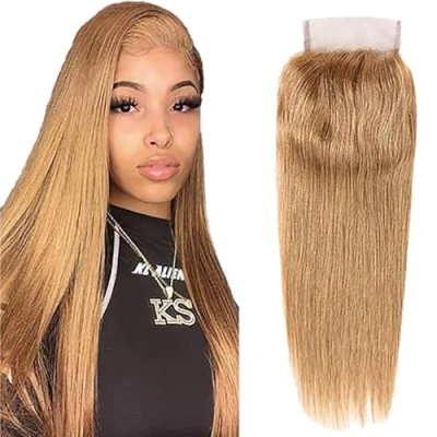 Afbeelding van Tuheerst 4x4 Lace Frontal Closure Blonde Straight Human Hair Real Braziliaans haar #27 Blond Pre Plucked with Baby 100% Unprocessed Virgin 14 Inches
