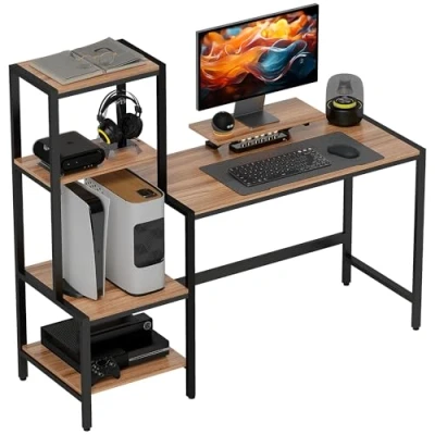 Afbeelding van HOMCOM Schreibtisch Computertisch mit Monitorständer, CPU Ständer, Bürotisch Druckerablage, PC Tisch 4 Regalen, Modern Design für Home Office, 150 x 48 125 cm, Braun