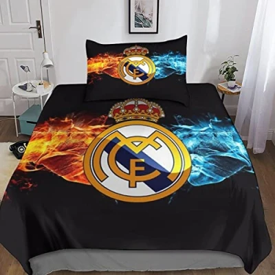 Afbeelding van XYueww REAL MADRID Dekbedovertrek, beddengoedset, dekbed+kussenslopen, microvezel 3D print voetbal dekbedovertrek met rits, 3 stuks, voor tieners volwassenen single (135 x 200 cm)