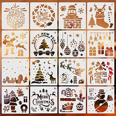 Afbeelding van Sjablonen, kersttekensjablonen, schildersjablonen van kunststof, handwerk, schildersjablonen, 16 stuks, kerstsjablonen, set voor doe het zelf bullet journal, album, scrapbooking, papier, kaart,