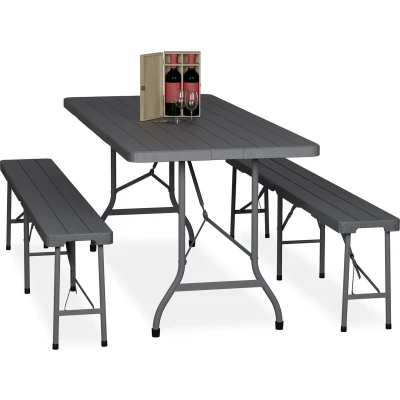 Afbeelding van Relaxdays biertafel set bierbank inklapbaar klaptafel kunststof 3 delige grijs