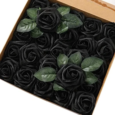 Afbeelding van PIQIUQIU kunstbloemen, rozen, rozenkoppen, namaak voor verjaardagsdecoratie, bruiloftsdecoratie, feestdecoratie, 25 stuks, zwart
