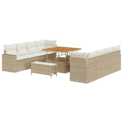 Afbeelding van vidaXL 11 delige tuinsofa set met beige kussens van poly rattan en acaciahout