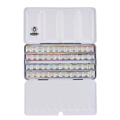 Afbeelding van Schmincke HORADAM AQUARELL verfdoos met 48 fijnste aquarelverf, 74448097, zwart metalen doos, schilderset, premium x 1/2 puts