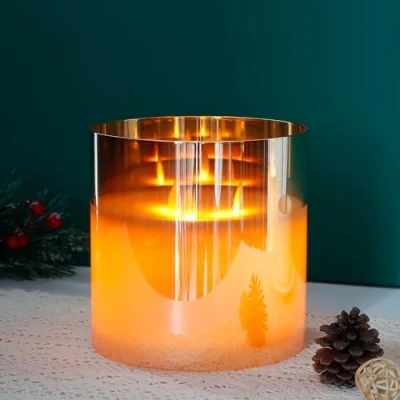 Afbeelding van JHY DESIGN 3 lontkaarsen van echte was, vlamloze led kaarsen, batterijkaars met 6 uurs timerfunctie en 3D effect, op batterijen, kaars in glas, voor Kerstmis, woonkamer, bruiloft (klein, goud)