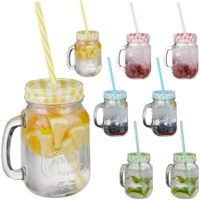 Afbeelding van Relaxdays 32x drinkglas met deksel &amp; rietje, weckpot, 4 kleuren, mason jar