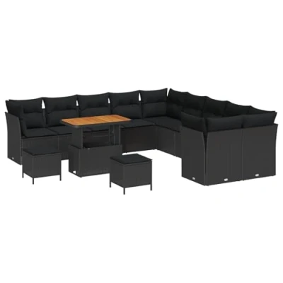 Afbeelding van vidaXL 13 Delige Tuin Sofa Set met Kussens Zwart Poly Rattan Acacia, 3 Eetset Acacia