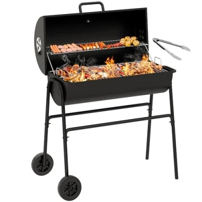 Afbeelding van YITAHOME M Houtskoolroker BBQ, draagbare barbecuegrill met in hoogte verstelbare houtskoolbak en temperatuurmeter voor feest, camping, terras, tuin, wordt geleverd keukentang