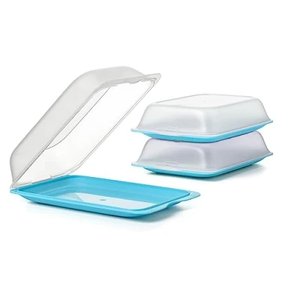 Afbeelding van TATAY Set van 3 vleescontainers met deksel MAXI, BPA vrij, herbruikbaar, stapelbaar, vaatwasser en magnetronbestendig, turquoise kleur. Afmetingen 17 x 6,2 25,2 cm