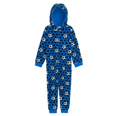 Afbeelding van Kids Voetbal Onesie Meisjes Jongens Fleece All in One Loungewear Rood Blauw Pyjama Kinderen Pjs Slaappak, Blauw, 13 jaar