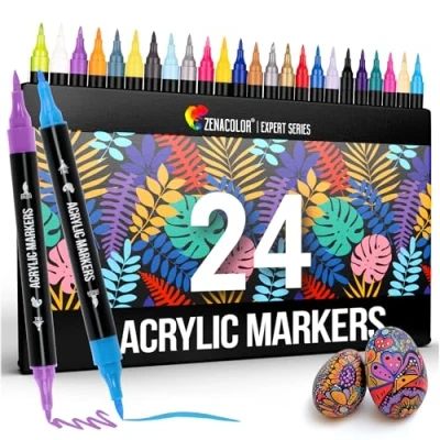 Afbeelding van Zenacolor Dual Tip acrylpen (fijne en penseelpunten) 24 unieke acrylmarkeringskleuren voor verschillende oppervlakken kunstwerken Acrylverfpen