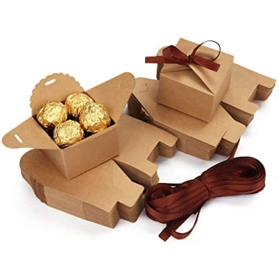 Afbeelding van Belle Vous 60 Pak Kleine Bruine Hobby Geschenk Dozen met Lint 6,5 x 4,5cm Huwelijks Papier Snoep Doosjes Jubileum, Verjaardagsfeest, Bruid/Babyshower