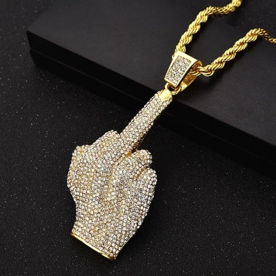 Afbeelding van Middelvinger Ketting met Hanger Goud Kleurig Diamantjes (Zirkonia) Kettingen Heren Dames Vaderdag Cadeau Geschenk Mannen Cadeautjes Accesoires