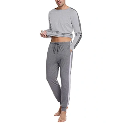 Afbeelding van Doaraha Pyjama voor heren, katoen, geruit, nachtkleding, lange mouwen, zacht en comfortabel rooster, korte T shirt broek, 2 stuks, 1175# lichtgrijs/donkergrijs, XL