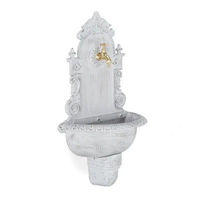 Afbeelding van Relaxdays muurfontein XL wand wandfontein antiek buitenkraan wasbak voor tuin wit