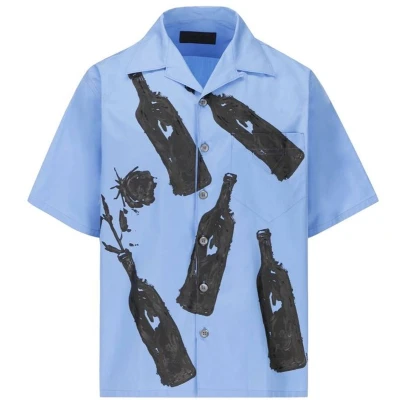 Afbeelding van Printed Cotton Short Sleeve Shirt with Button Closure Blue