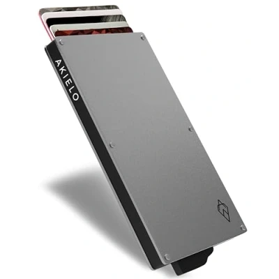 Afbeelding van AKIELO RFID Blokkerende Kaarthouder met Geschenkdoos Minimalistische Heren Kaart Portemonnee Contactloze Creditcardbeschermer (ALPHA Zilveren Editie)