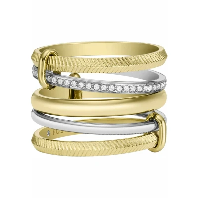 Afbeelding van Fossil damesring Harlow, tweekleurig of goudkleurig roestvrij staal Prestack, 2 tinten zilver en goud, 7