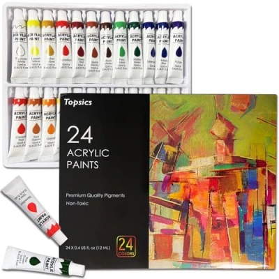 Afbeelding van Topsics acrylverfset 24 Kleuren, tubes van 12 ml voor Canvas, Hout, Stof, non giftige beginners, kunstenaars, kind (12ml)