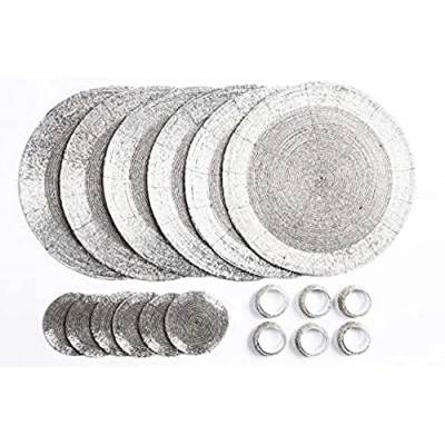 Afbeelding van Penguin Home Onderzetters Met Glazen Kralen, Servet ringen en ronde placemats 18 delig Set, Zilveren