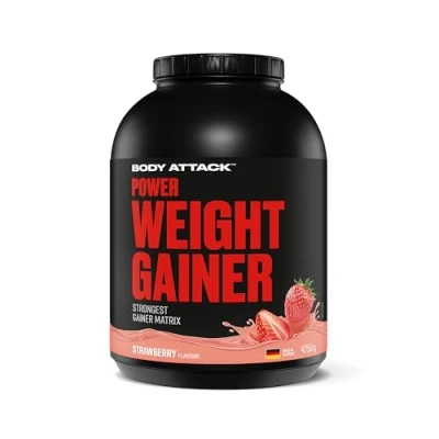 Afbeelding van Body Attack Power Weight Gainer, Strawberry, 4,75 kg, 100% massabouw, koolhydraat eiwitpoeder om spieren op te bouwen met Wei eiwit, ideaal voor hardgainers.