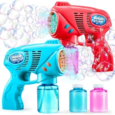 Afbeelding van JOYIN 2 bellenblaaspistolen met bellenvullingsoplossing (10 oz totaal), bellenmaker, blazer, machinegeweerblaster voor kinderen, peuters, buitenactiviteiten, feest, verjaardagscadeau,