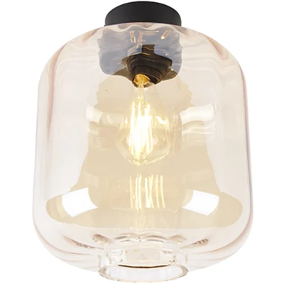 Afbeelding van QAZQA Design plafondlamp zwart met amber glas Qara